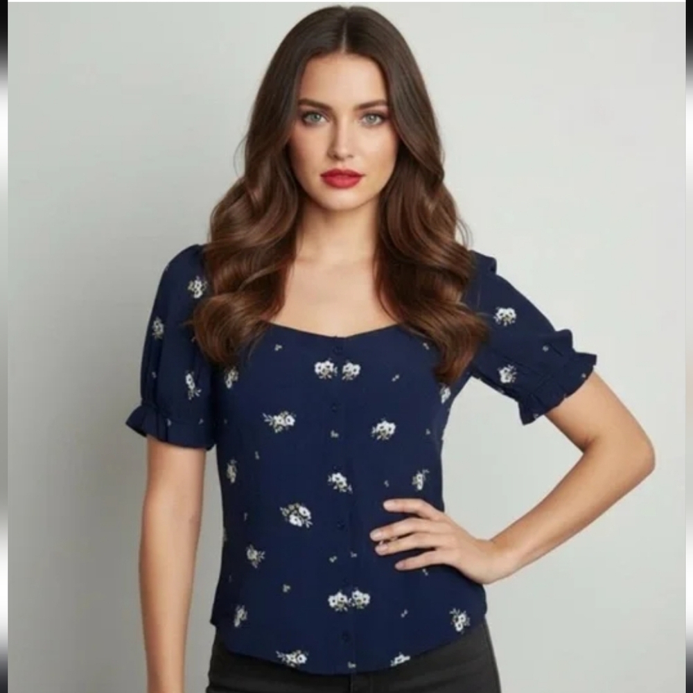 Elodie Blouse Womens Large Navy Blue‎ Floral Button Short Puff Sleeve Cottage
